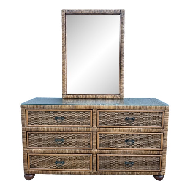 Boho Chic Wicker Dresser With Wall Mirror - 2 Pieces For Sale
