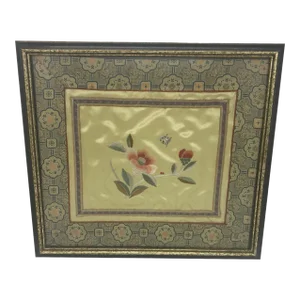 Vintage Japanese Framed Silk Embroidered Panel With a Floating Butterfly Approaching a Flower Surrounded by Leaves and Stems Design