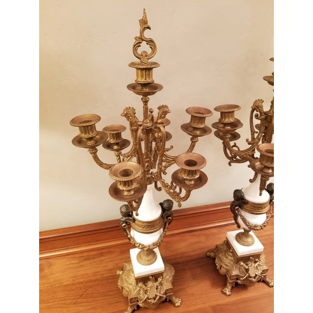 French Vintage Italian Pair of 7-Light Gilt Bronze & Marble Figural Cherub Candelabras For Sale - Image 3 of 18