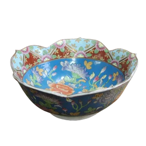Chinese Oriental Vintage Round Flower Shape Light Blue Enamels Peony Flower Bowl