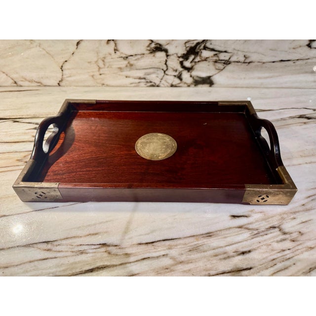 Mid 20th Century Mid-20th Century Chinese Rosewood Chinese Rosewood Tray Brass Mounts & Medallion For Sale - Image 5 of 6