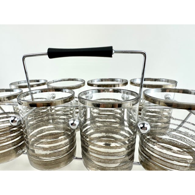 1960s Mid-Century Modern Silver Rim Cocktail Glasses With Chrome Carrier - Set of 8 For Sale - Image 4 of 10