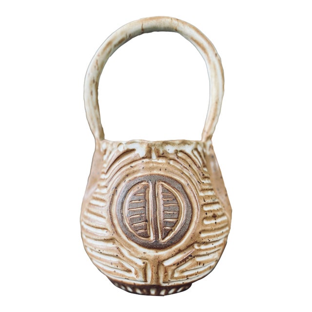 Handmade Glazed Studio Signed Pottery Basket For Sale