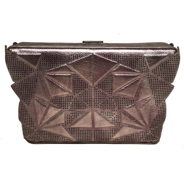 Contemporary Tonya Hawkes Silver Metallic Embossed and Laser Cut Leather Convertible Clutch For Sale - Image 3 of 7