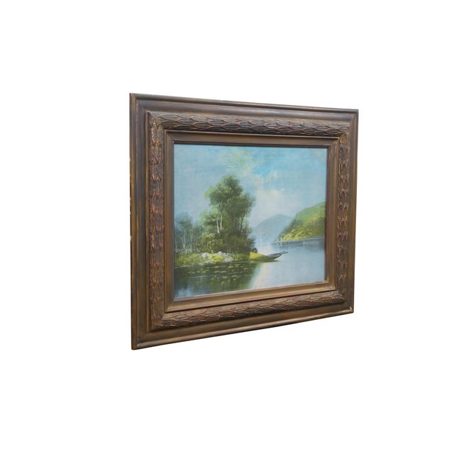 Realism Mid Century Rowboat Sailboat Tree Lined River Lake Seascape Print For Sale - Image 3 of 10