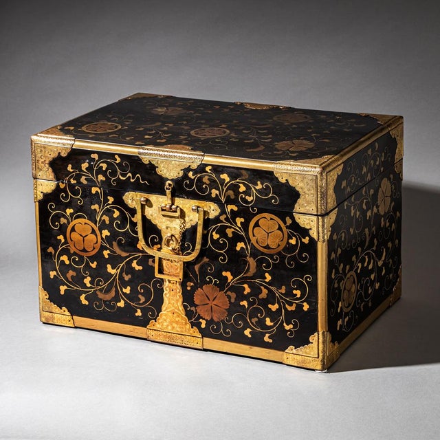 Small rectangular Japanese chest with gold lacquer decoration in the form of leaf tendrils. The chest is decorated with...