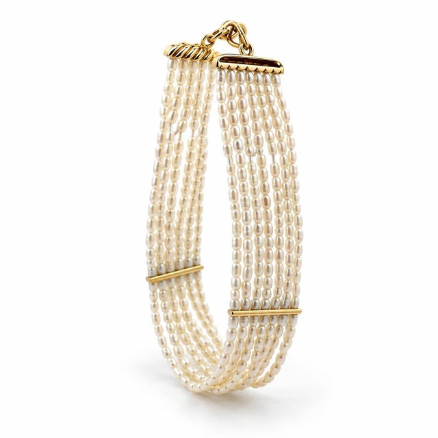 Mid 20th Century Mid 20th Century Estate 14k Yellow Gold Multi-Strand Freshwater Seed Pearl Cuff Bracelet For Sale - Image 5 of 5
