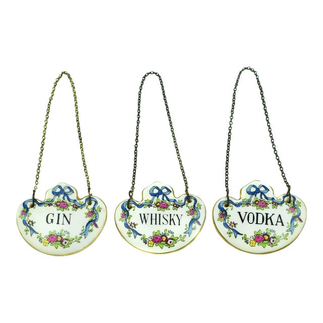 Early 20th Century Fine Bone China Staffordshire Vodka Gin Whiskey Liquor Bottle Tags- Set of 3 For Sale