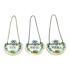 Early 20th Century Fine Bone China Staffordshire Vodka Gin Whiskey Liquor Bottle Tags- Set of 3