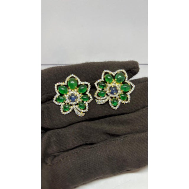 Modern Natural Sapphire, Emerald & Diamond Earring in 14k Gold For Sale - Image 3 of 8