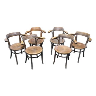 Incredible Set of Six Antique Fischel Bentwood Arm Chairs With Embossed Floral Design on the Seats For Sale