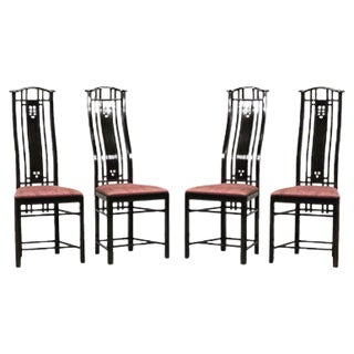 High Back Black Lacquered Dining Chairs with Fabric from Giorgetti, 1980s, Set of 4 For Sale