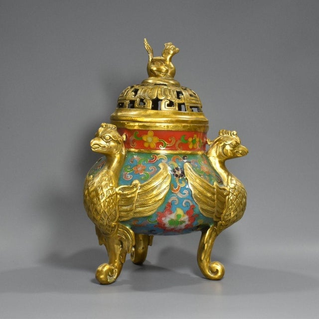 Pure Copper Cloisonne Filigree Flying Beast Incense Burner Censer - Gilt Gold Body With Colored Enamel For Sale - Image 4 of 9