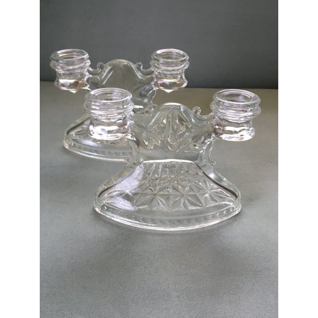 Transparent 1930s Art Deco Pressed Glass Double Candlestick Holders- A Pair For Sale - Image 8 of 11
