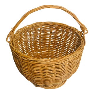 Vintage French Market Handmade Round Basket With Handle For Sale