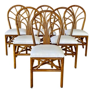 Set of 6 Restored Coastal Rattan Dining Chairs in White Sunbrella For Sale