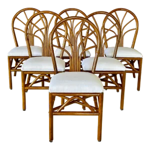 Set of 6 Restored Coastal Rattan Dining Chairs in White Sunbrella