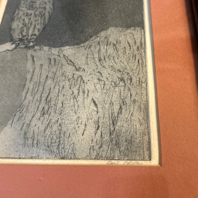 Folk Art 1970’s Original Folk Art Owl Perched on Branch Etching For Sale - Image 3 of 5