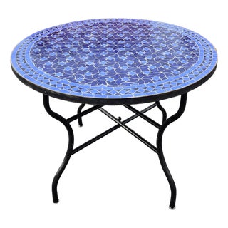 40" Handcrafted 2 Shades of Blue Rafraf Moroccan Mosaic Table For Sale