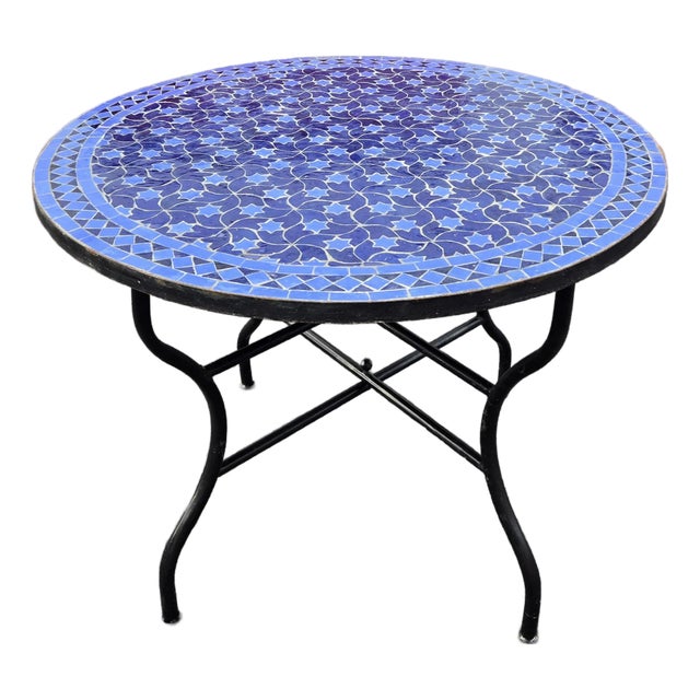 40" Handcrafted 2 Shades of Blue Rafraf Moroccan Mosaic Table For Sale