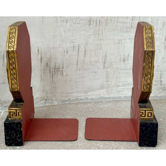 Metal Rare 1930’s Italian Regency Equestrian Bookends by Borghese With Horse & Greek-Key Design in Gold Gilt on a Black Faux Granite Base- A Pair For Sale - Image 7 of 12
