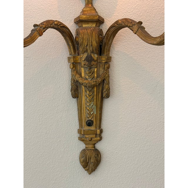 Antique French Louis XVI Style Twin-Light Wall Sconces - Gilt Bronze Ormolu Neoclassical Double Arm Wall Lights, Late 19th Century - Pair For Sale - Image 9 of 18