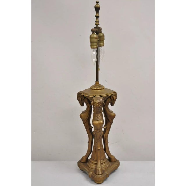 Vintage Neoclassical Style Triple Ram Goat Head Clad Gold Table Lamp For Sale - Image 12 of 12