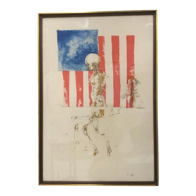 1970s Vintage Surrealistic Lithograph “Flag & Skeleton” by H. Truss For Sale