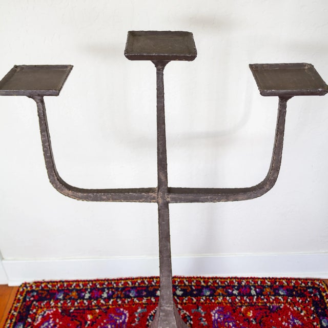 Stone Gray Brutalist Three Arm Candelabra Floor Candle Stand | Hammered and Hand Welded For Sale - Image 8 of 11
