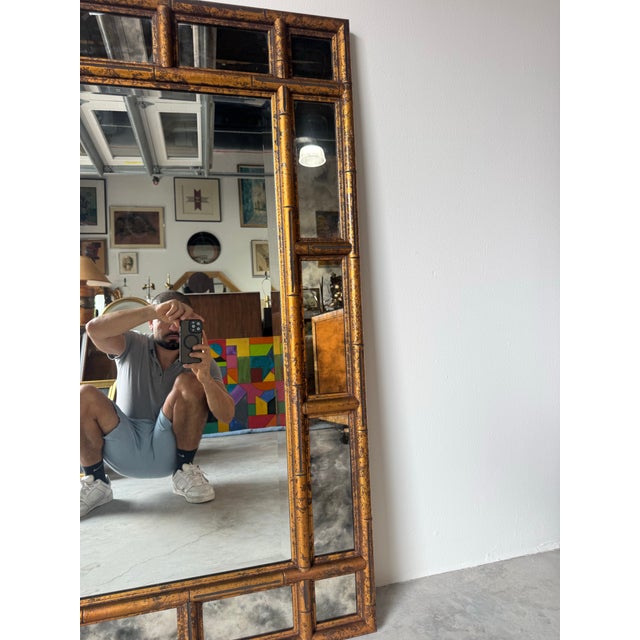 Wood Hollywood Regency Faux Bamboo Carved Wall Mirror With Tortoise Shell Finish/Sold For Sale - Image 7 of 11