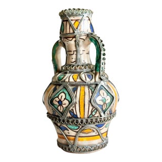 Antique Moroccan Hand-Painted Ceramic Vase With Intricate Metal Filigree Overlay, Double Handle Moorish Vessel For Sale