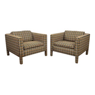 Vintage Mid-Century Modern to Modern Parson’s Cube Club Chairs Houndstooth Fabric a Pair For Sale