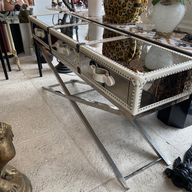 1980s Brushed Iron, Wood & Leather Drawers Console Table For Sale - Image 11 of 12