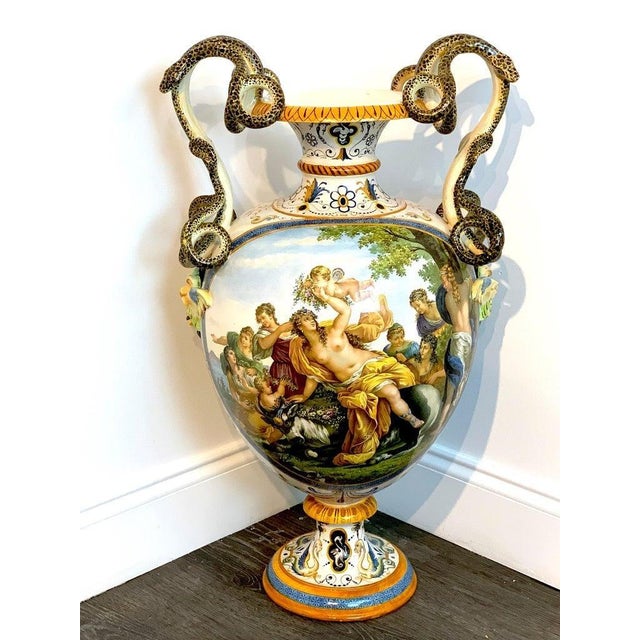 Ginori Majolica Allegorical Serpent Handled Vase For Sale - Image 10 of 12