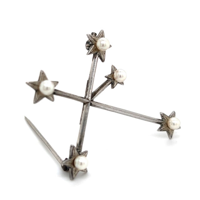 1990s Mikimoto Estate Akoya Pearl Cross Brooch Sterling Silver 4 mm For Sale - Image 10 of 11