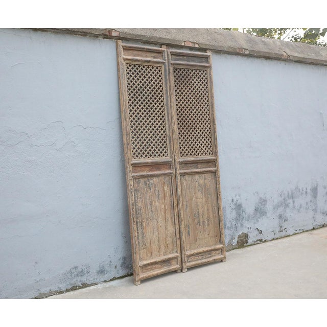 Chinese Pair of Antique Chinese Pine Trellis-Top Wall Panels/Doors/Screen For Sale - Image 3 of 3