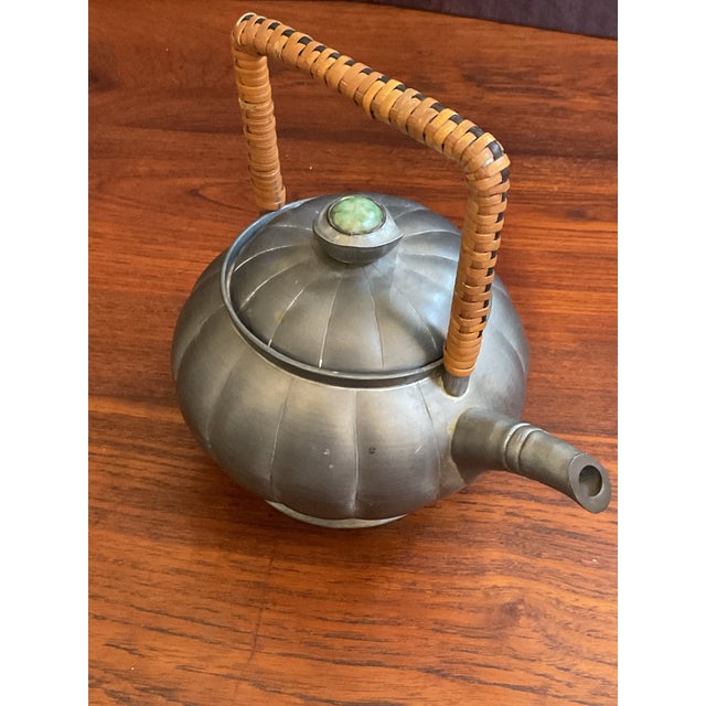 Vintage Chinese Pewter Tea Kettle With a Rattan Handel and a Jade Stone Finial For Sale - Image 4 of 10