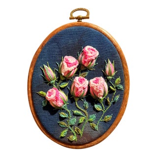 3d Rose Stumpwork Embroidery Art, Framed Botanical Sculpture, Handmade Floral Wall Decor For Sale