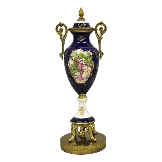 Vintage French Victorian Style Hand Painted Cobalt Blue Decorative Porcelain Urn For Sale