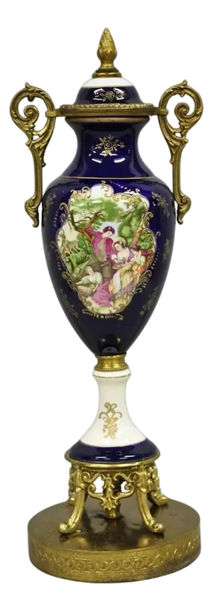 Vintage French Victorian Style Hand Painted Cobalt Blue Decorative Porcelain Urn