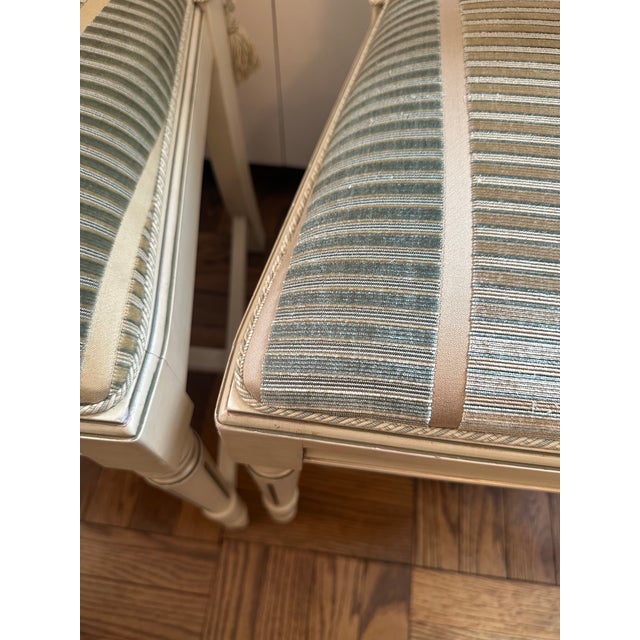 Two Bellman Chairs, White Lacquered With Gold Cilding, New Upholstered Seats and Chair Ties For Sale - Image 10 of 15