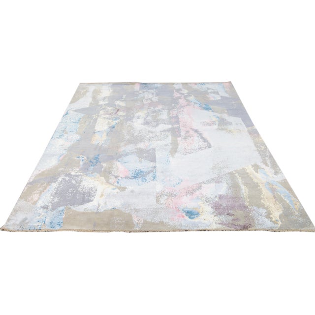 Modern Indian Abstract Handmade Multicolor Wool and Silk Rug For Sale - Image 11 of 12