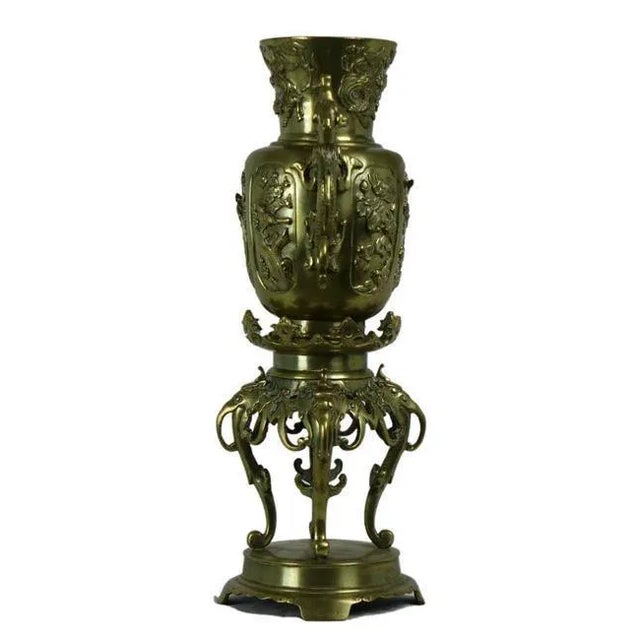1900 - 1909 1900s Chinese Brass Vase With 2 Dragon Handles and Base For Sale - Image 5 of 5