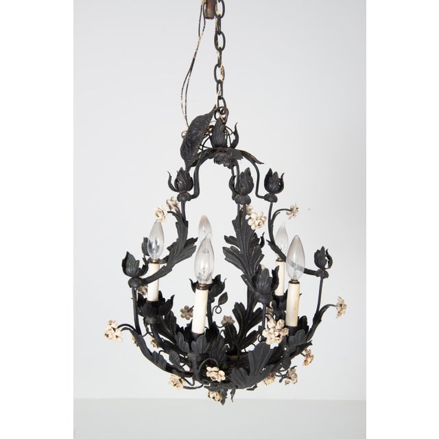 1950s Hollywood Regency Style Italian Black Metal Floral Chandeliers - a Pair For Sale - Image 4 of 18