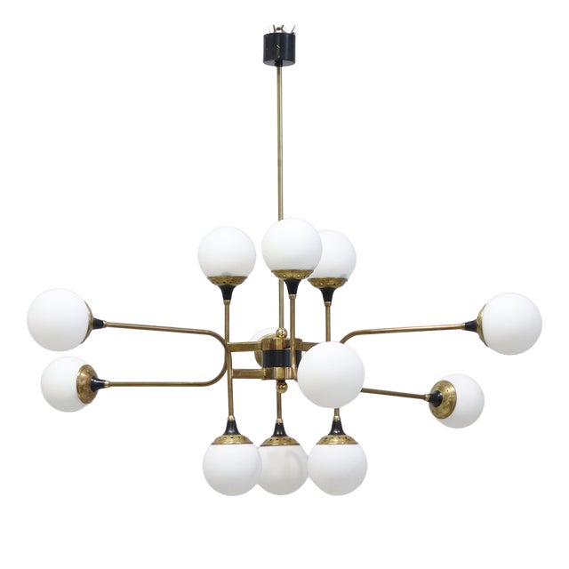 Chandelier with 18 Lights in Brass and Opal Glass by Stilnovo, Italy, 1959 For Sale