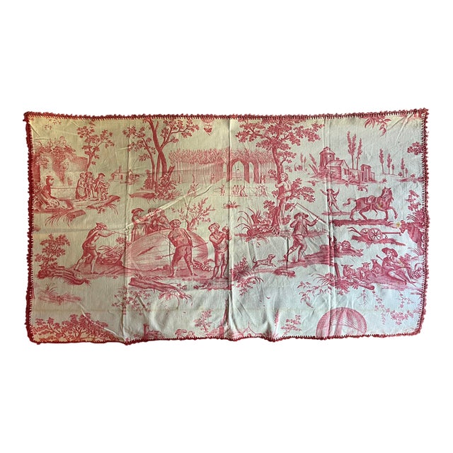 Antique French Red and White Toile De Jouy Fabric Panel With Country Landscape Scenes For Sale