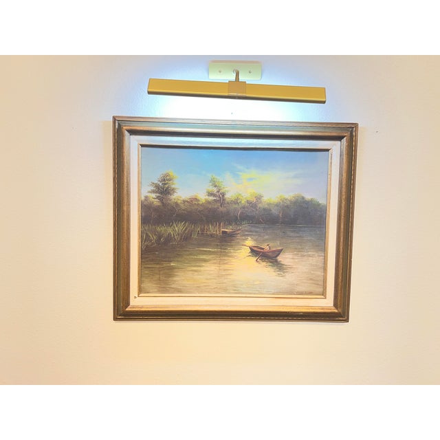 Original Oil Painting, Two Boats in the Moonlight, F. Raquel Moncayo 25.5"W X 21.5"H Framed and 20" x 16" unframed....