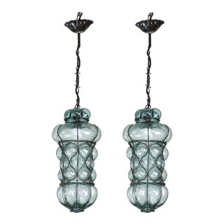 Set of 2 Rare Blu Acuqamarine Vintage Venetian Lantern, Murano Glass, 1970s For Sale