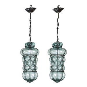 Set of 2 Rare Blu Acuqamarine Vintage Venetian Lantern, Murano Glass, 1970s