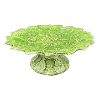 Vintage Mid-Century Modern Italian Majolica Leaf Cake Stand Platter For Sale